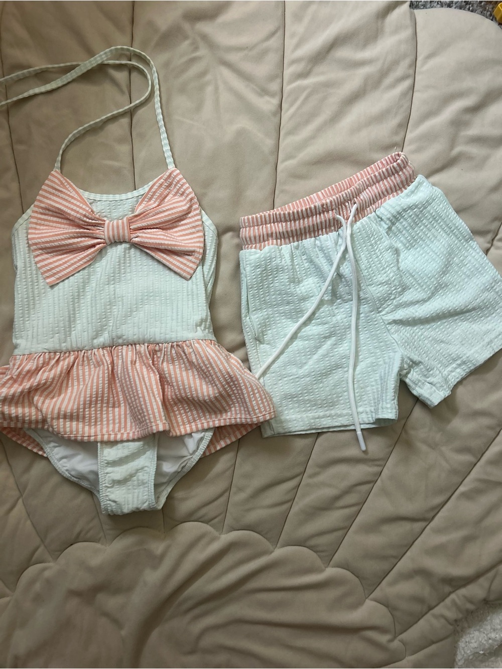 Stitchy fish - Striped Bow Peplum One-Piece Swimsuit - Peach & Light green